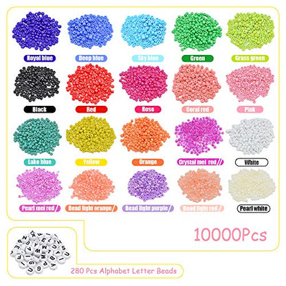 Renashed Beads for Bracelets Kit 10000pcs 3mm Glass Seed Beads Multi Color and 280pcs Alphabet Letter Beads for DIY Jewelry Name Bracelets Making and Crafts