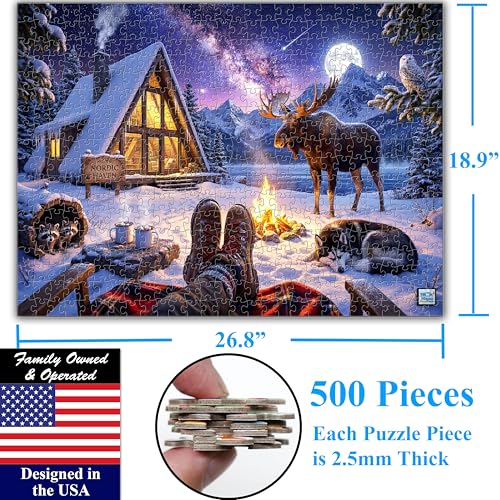 Think2Master Cozy Camp Fire 500 Pieces Large Format Jigsaw Puzzle: 13+, Teens, Adults & Families. Funny, Whimsical, Magical Serene Winter Landscape with Campfire. Great Gift. Size: 26.8” X 18.9” - style: Cozy Camp Fire