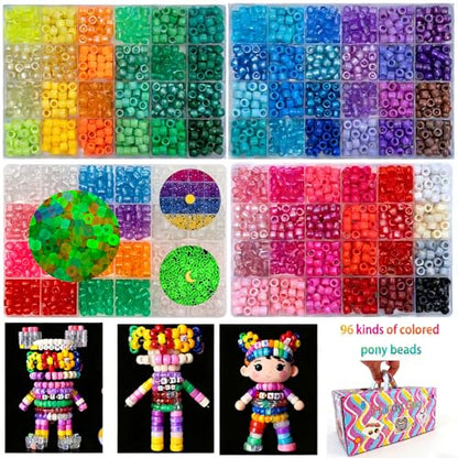 Acrylic Pony Beads Jewelry Making Kit – 96 Colors, UV Color Changing & Glow Alphabet Beads, Heart Bow Crystal String, Tools, Gift Box for DIY Bracelets, Necklaces (8mm Pony Beads Six Box) - color: 8mm pony Beads Six Box