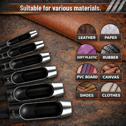 UNCO- Leather Hole Punch Drill Bit Set, 6 pcs, 3/16" 1/4" 5/16" 3/8" 7/16" 1/2", Carbon Steel, Hex Shank Leather Punch Tool Bits for Power Drill, Belt, Strap, Fabric & DIY Craft Work