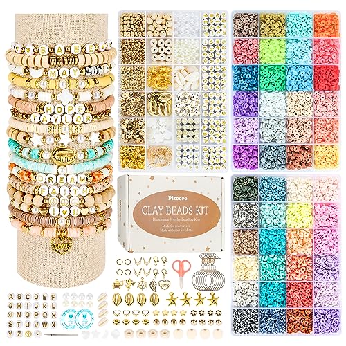 Pizooro Clay Beads 3 Boxes Bracelet Making Kit, 10500pcs Beads for Jewelry Making, Round Letter Beads with Charm and Elastic Strings, Friendship Bracelets Holiday Gifts for Girls Adults - color: Gold