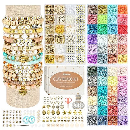 Pizooro Clay Beads 3 Boxes Bracelet Making Kit, 10500pcs Beads for Jewelry Making, Round Letter Beads with Charm and Elastic Strings, Friendship Bracelets Holiday Gifts for Girls Adults - color: Gold