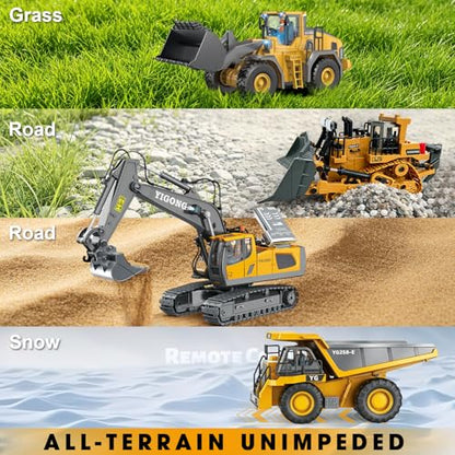 Remote Control Excavator (11-Channel), Dump Truck, Bulldozer, Loader (9-Channel), 2.4GHz Remote Control Construction Vehicles, Made of ABS, with Cool Lights and Sound Effects, 4-Pcs - color: Excavator Four-piece Set