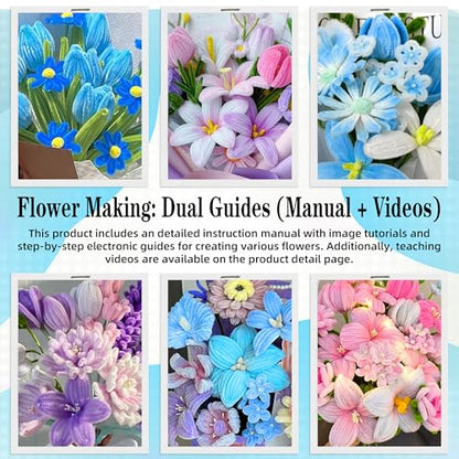 LINAYE 500 PCS Pipe Cleaners Craft, 6 Colors Pipe Cleaners Flowers Kit, Chenille Stems for Crafts with Instruction Wrapping Paper, Flower Stamens, Stems Art and Craft Supplies Blue - color: Blue