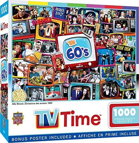 MasterPieces - 1000 Piece Jigsaw Puzzle, Nostalgic 60’s TV Shows Collage, Retro Entertainment Fun for Adults, Family, Kids, Non-Glare Finish, 19.25" x 26.75" - style: 60s Shows