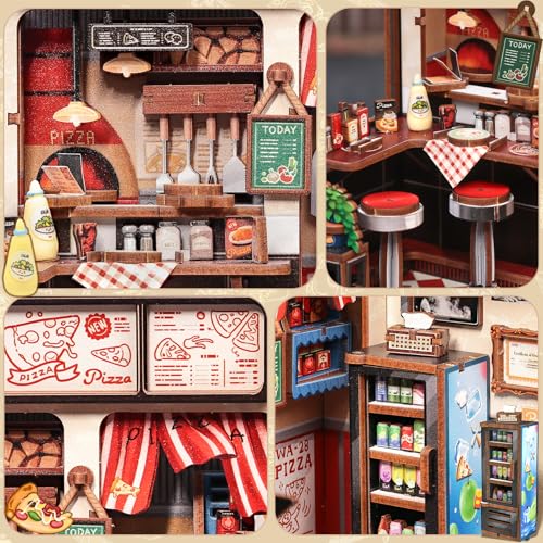 CUTEBEE Book Nook Kit, DIY Miniature Dollhouse Kit, Pizza Shop Booknook - color: Uncle Joe's Pizzeria