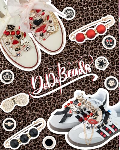 DoDoBeads 93 Pcs Shoe Charms for Sneakers, Junk Sock Charm Kit with Red & Black Charms and Satin/Lace Shoelaces, Sneaker Charm for Women, Cute Shoelace Accessories, DIY Sock/Shoe Decorations - style: Rock Glam