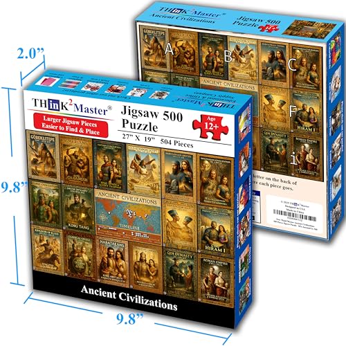Think2Master Ancient Civilizations World History Jigsaw Puzzle 500 Pieces Large Format for 13+, Teens, Adults & Families. Great Gift. Historical Timeline & World Map. Size: 26.8” X 18.9” - style: Ancient Civilization