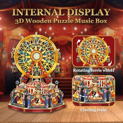 3D Wooden Puzzle Ferris Wheel DIY Miniature House Kit Music Box - color: Century Ferris Wheel