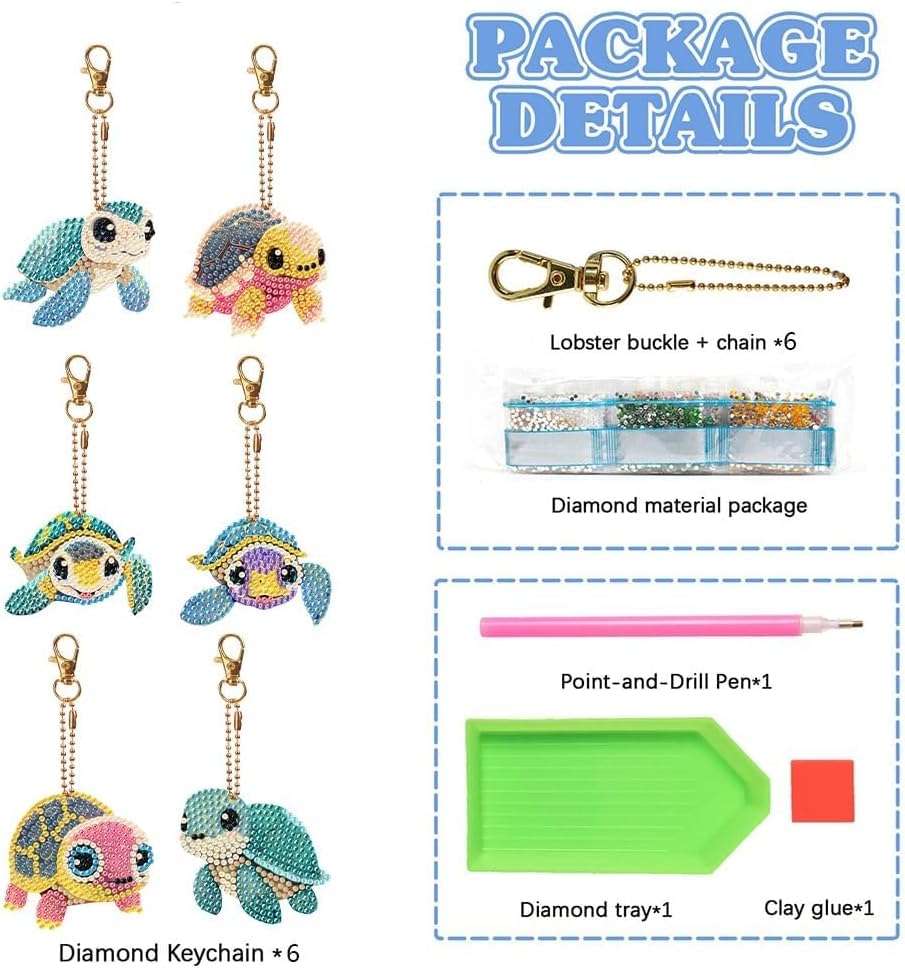 YUE ZHE 6 PCS Sea Turtle Diamond Art Kits for Adults Double Sided Diamond Art Keychains Animal DIY 5D Painting Keychains Kits for Adults Beginners DIY Crafts - color: Turtle