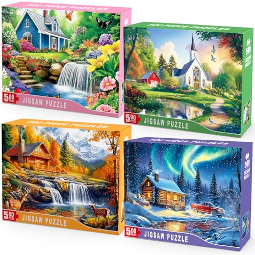 4 Packs 500 Piece Puzzles for Adults – 4 Seasonal Landscape Puzzle Set Scenic House & Nature Jigsaw Puzzle, Colorful Adult Jigsaw Puzzles for Stress Relief, Family Fun, Mindfulness & Gifts - color: Seasonal Landscapes