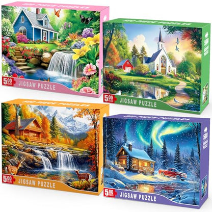 4 Packs 500 Piece Puzzles for Adults – 4 Seasonal Landscape Puzzle Set Scenic House & Nature Jigsaw Puzzle, Colorful Adult Jigsaw Puzzles for Stress Relief, Family Fun, Mindfulness & Gifts - color: Seasonal Landscapes