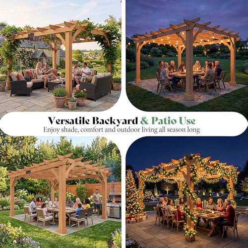 AMERLIFE 12x10 FT Outdoor Wooden Pergola, Large Solid Cedar Wood Pergola Kit with Slatted Roof Design, Heavy-Duty Frame for Backyard, Patio & Garden, Red-Brown Finish - size: 12x10 FT