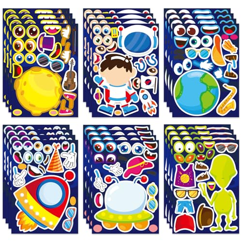 24 Sheets Outer Space Make a Face Sticker, Make Your Own Outer Space Stickers Mix and Match Stickers for Home School Classroom Crafts Activities Reward Birthday Party Favors - style: Astronaut