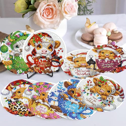 Christmas Cow Diamond Art Coasters Kit, 8 Pieces Diamond Painting Coasters - color: Christmas Cow