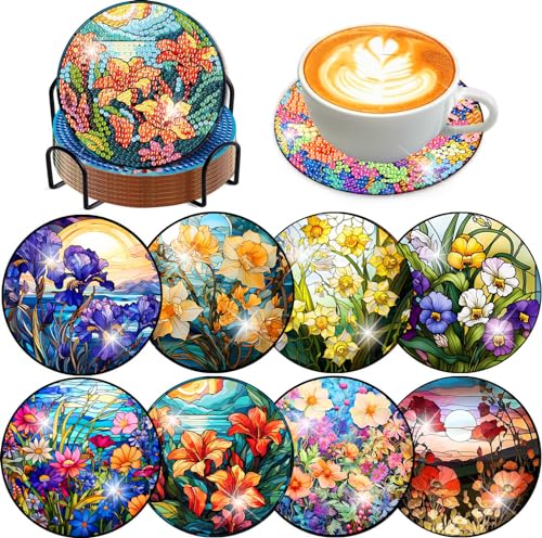 8 Pcs Diamond Art Coasters Kit for Adult with Holder, Diamond Coaster 4x4in - color: Flowers Coasters-A, size: 8 Pcs 4x4in