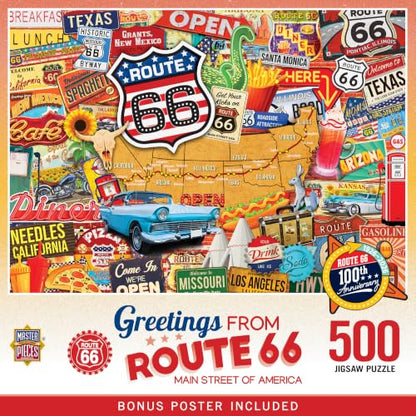 Masterpieces 500 Piece Jigsaw Puzzle for Adults, Family, Or Kids - Greetings from Route 66-15"x21" - style: Route 66
