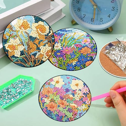 8 Pcs Diamond Art Coasters Kit for Adult with Holder, Diamond Coaster 4x4in - color: Flowers Coasters-A, size: 8 Pcs 4x4in