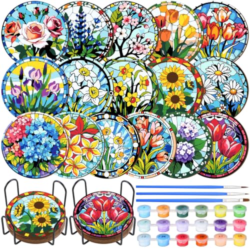 Reallnaive 16 Pcs Flower Paint by Numbers Kit for Adults Wood Floral Coaster - style: Floral