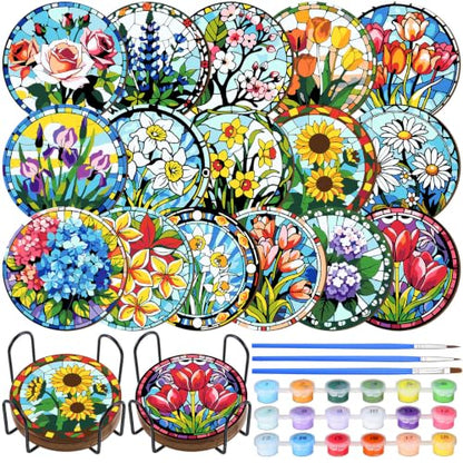 Reallnaive 16 Pcs Flower Paint by Numbers Kit for Adults Wood Floral Coaster - style: Floral