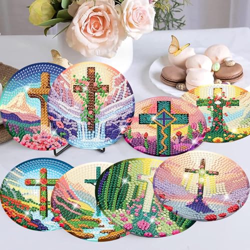 8 Pcs Diamond Art Coaster Kit for Adult with Holder, Diamond Coasters 4x4in - color: Cross Coasters-A, size: 8 Pcs 4x4in