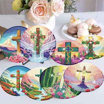 8 Pcs Diamond Art Coaster Kit for Adult with Holder, Diamond Coasters 4x4in - color: Cross Coasters-A, size: 8 Pcs 4x4in