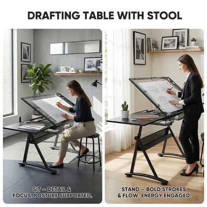Magshion Drafting Table Adjustable Drawing Table w/Stool - color: Clear & Black