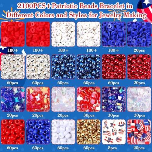 UPINS Patriotic Bracelet Making Kit Red White Blue Beads for 4th of July - color: Red White Blue