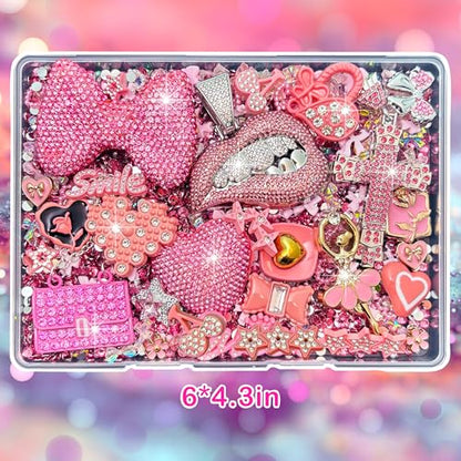 Junk Case Charms Kit, Pink Junks Phones Cases 3D Rhinestone Cool teeth and lips And Bows Chain Bags Hearts And Cross Flowers And Other Bedazzling Kits Can Be Used In DIY Phone Case Designs