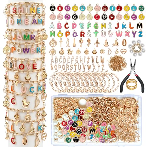 WDXIUE Friendship Bracelet Making Kit, DIY Jewelry Making Kit for Craft Night Beginners, Personalized Charms Birthday Gift with 12 Set Anti-Tarnish Chains & 78 Pcs Letters Charms
