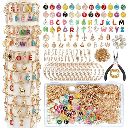 WDXIUE Friendship Bracelet Making Kit, DIY Jewelry Making Kit for Craft Night Beginners, Personalized Charms Birthday Gift with 12 Set Anti-Tarnish Chains & 78 Pcs Letters Charms