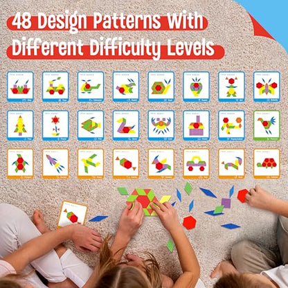 215 PCS Wooden Pattern Blocks Set, 24 Double-Sided Design Cards Pattern Building Shapes Educational Geometric Shape Puzzle Fun Tangram Montessori Learning Toys for Kids Ages 4-8 (A Storage Bag) - style: 215 Pcs Blocks Set