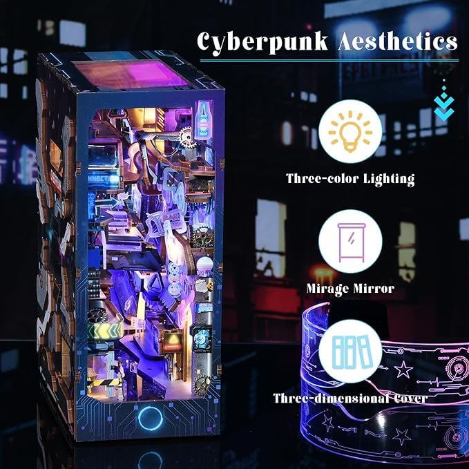 Cyberpunk Book Nook Kit with LED Light - 3D Wooden Puzzles Book Nook for Book Shelf Decor - DIY Dollhouse Kit - Excellent Create Your Own Cyberpunk World (Endless Dimensions)