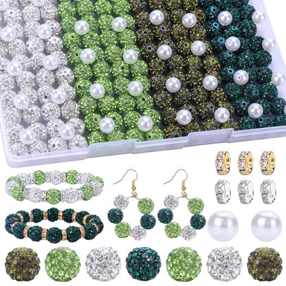 AIPRIDY Jewelry Making Beads Set, 300 PCS 10mm Rhinestone Clay Beads, 8mm Mixed Color Spacer Beads with Pearl and Floral Beads for DIY Jewelry Making (White + Green Series) - color: White + Green Series