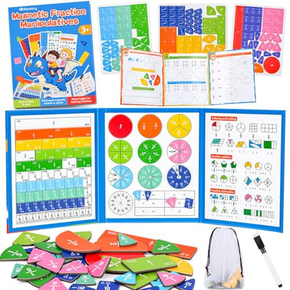 Meetory Magnetic Fraction Playbook - Magnetic Fraction Demonstration Book, Montessori Math Manipulatives Kit, Homeschool Classroom Fraction Puzzles and Games - color: Three-fold Pterosaur + Cards