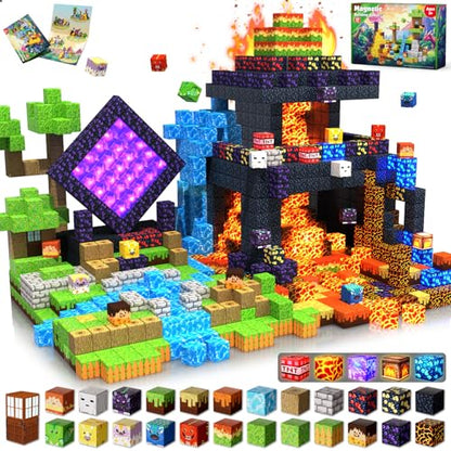 Magnetic Blocks - 300 PCS with Light Up Blocks Dinosaur Volcano Forest Castle Set - Kids Classroom Sensory Toy for Toddlers STEM, Construction Stacking Toy Kids 3+ Boys easter basket stuffers - color: 300pcs Led Glowing Volcano