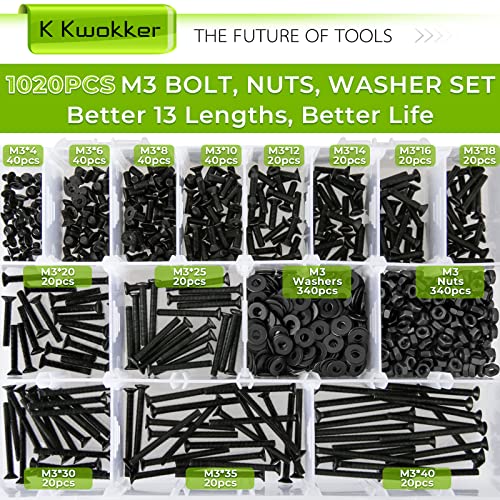 1023Pcs M3 Screw Assortment 13 Lengths 4mm to 40mm, Hex Socket Flat Head 10.9 Alloy Steel Nuts and Bolts Assortment Kit, Metric Machine Screws and Nuts, Washers, Black - size: C. M3