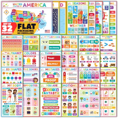 Sproutbrite 32 Pack 11"x17" Educational Posters & Charts for Toddlers - color: Early Learning