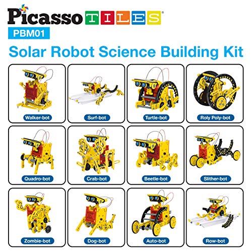 PicassoTiles Solar Powered Space Robot + 50pc Marble Run, 12-in-1 Creative Unique Transformation Renewable Energy Science Experiment DIY Kit, Race Track Toy Play Set, Educational Magnet Construction
