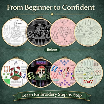 Embroidery Kit for Beginners Adults, 4 Pre-Printed Cloths, 41 Stitches - color: Beginners - Floral & Mushroom