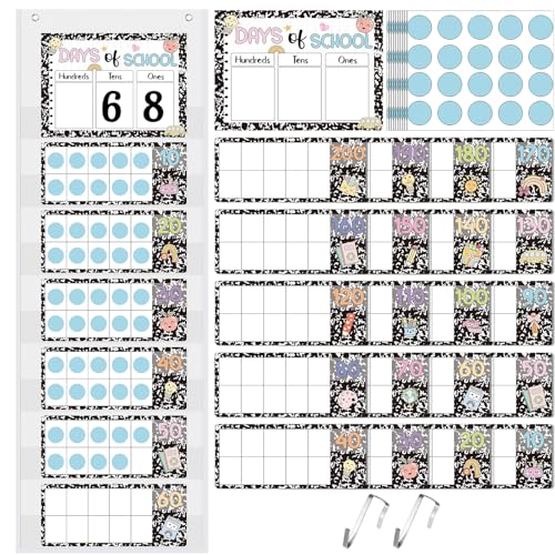 Funrous Days of School Pocket Chart Number of The Day Countdown Posters Back to School Composition Book Countdown Bulletin Board Decor Hundreds Tens Ones Place Value Chart Cards for Classroom Home - style: Composition