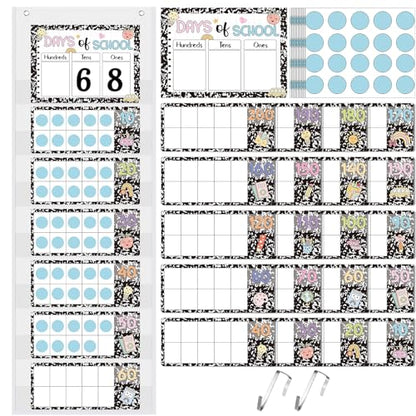 Funrous Days of School Pocket Chart Number of The Day Countdown Posters Back to School Composition Book Countdown Bulletin Board Decor Hundreds Tens Ones Place Value Chart Cards for Classroom Home - style: Composition
