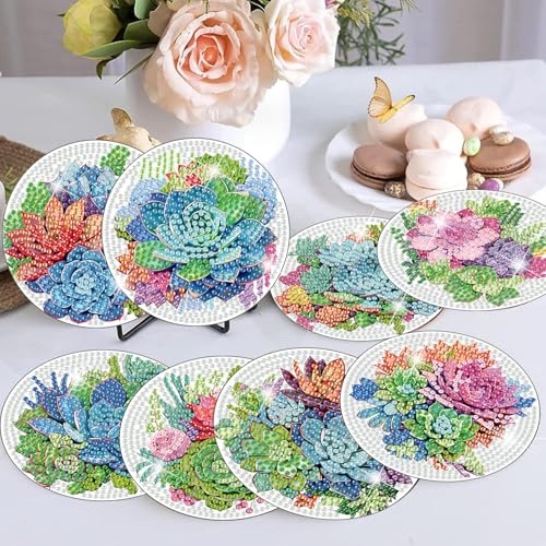 8 Pcs Green Plants Diamond Art Coasters Kit for Adults with Holder 4x4in - color: Plant Coasters, size: 8 Pcs 4x4in