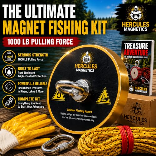 1000 lb Magnet Fishing Kit with 100ft Rope and Carabiner, Ultra Powerful for Rivers and Lakes, Strong Treasure Hunting Magnet, Great Holiday Gift - style: 1000 LBS Single Side Magnet Kit