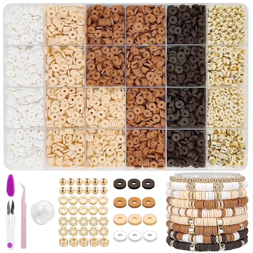MIIIM Neutral Clay Beads Kit for Bracelets Making, Heishi Beads for Friendship Bracelet, Clay Charms and Gold Spacers for Jewelry Making, Crafts, Concert, Raves, Gifts (Golden Brown Cream) - color: Golden Brown Cream