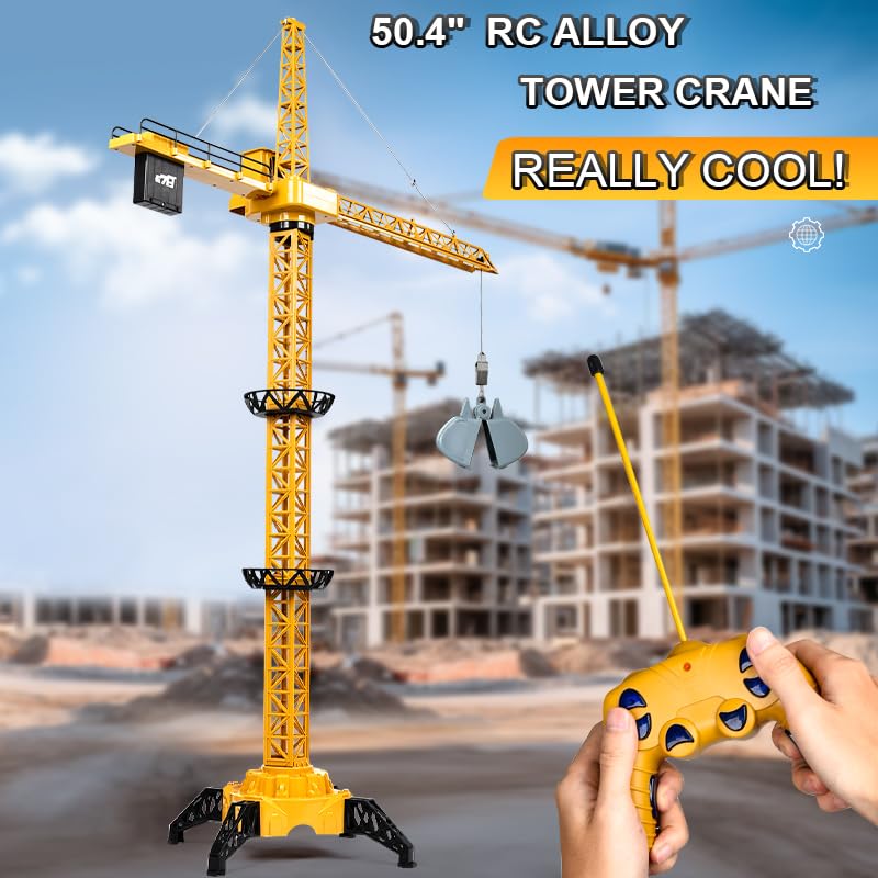 DIY Alloy Hook 4 Channel RC Tower Crane for Kids - 50.4 Inches Remote Control Crane Toy with 2 Batteries, Rotating Lift Construction Vehicles with LED Lights, Excavator Toy for Ages 4,5,6,7,8 Boys