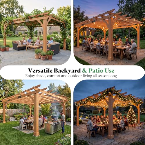 AMERLIFE 12x14 FT Outdoor Wooden Pergola, Large Solid Cedar Wood Pergola Kit with Slatted Roof Design, Heavy-Duty Frame for Backyard, Patio & Garden, Red-Brown Finish - size: 12x14 FT