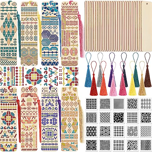 TaoBary 92 Pcs 4.8 x 1.3 Inch Geometry Wood Bookmark Making Kit Includes 36 Unfinished Blank Bookmarks 36 Tassels 20 Templates, Back to School DIY Painting Craft for Home Class Holiday Teachers Gift - style: Geometry