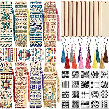 TaoBary 92 Pcs 4.8 x 1.3 Inch Geometry Wood Bookmark Making Kit Includes 36 Unfinished Blank Bookmarks 36 Tassels 20 Templates, Back to School DIY Painting Craft for Home Class Holiday Teachers Gift - style: Geometry