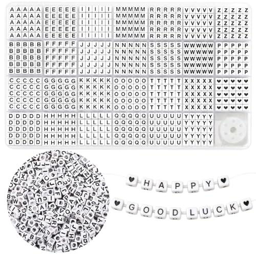 JULIMAIDONG Alphabet Beads A-Z 1100+Pcs Letter Number Hearts Bracelets Bead - color: Square White